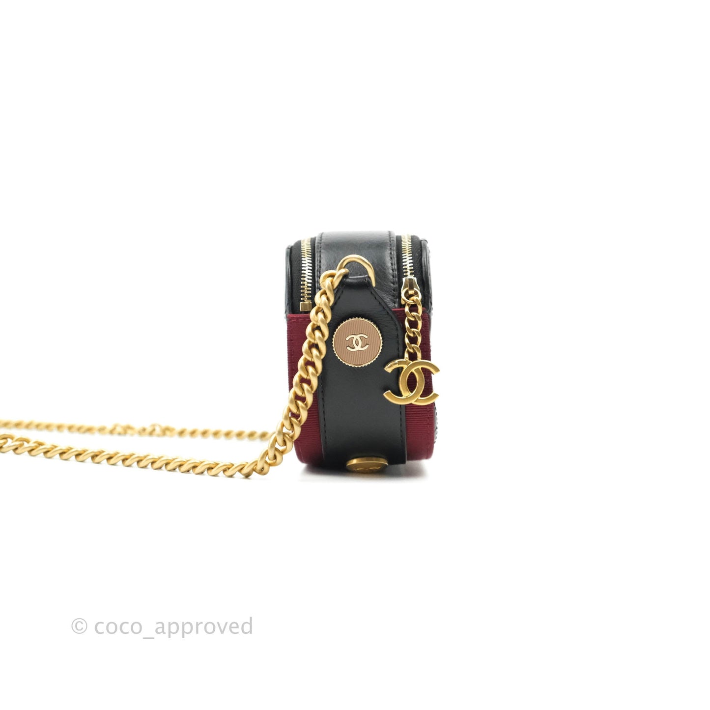 Chanel Small Button Up Camera Case Bag Black Calfskin Grosgrain Aged Gold Hardware