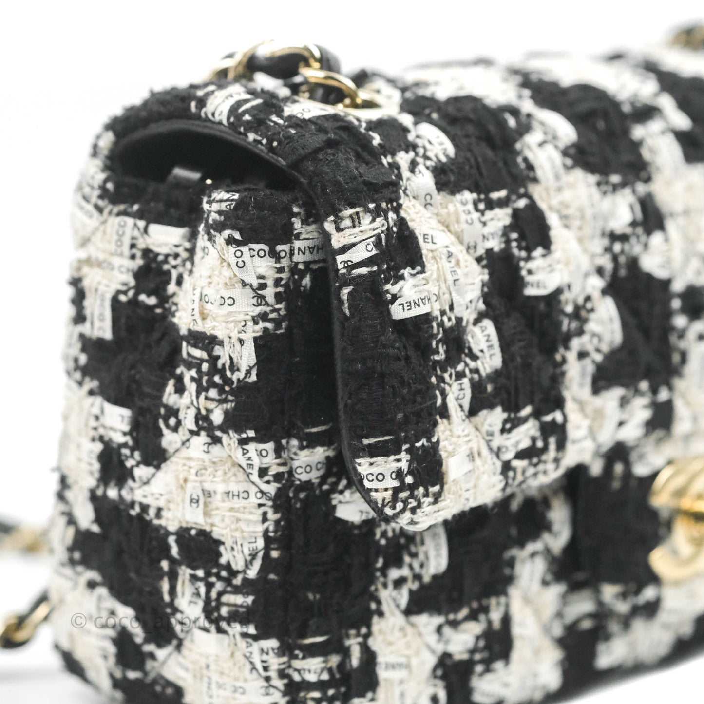 Chanel Quilted Mini Rectangular Flap Tweed Houndstooth Black & White Gold Hardware