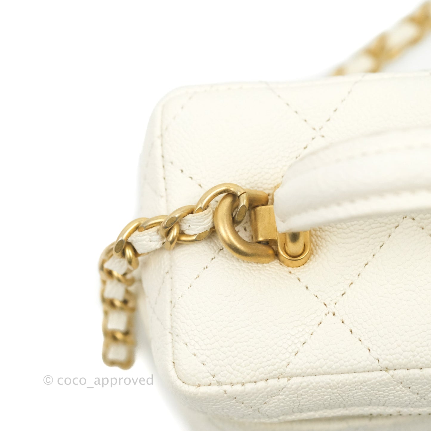 Chanel Mini Clutch With Chain White Caviar Aged Gold Hardware