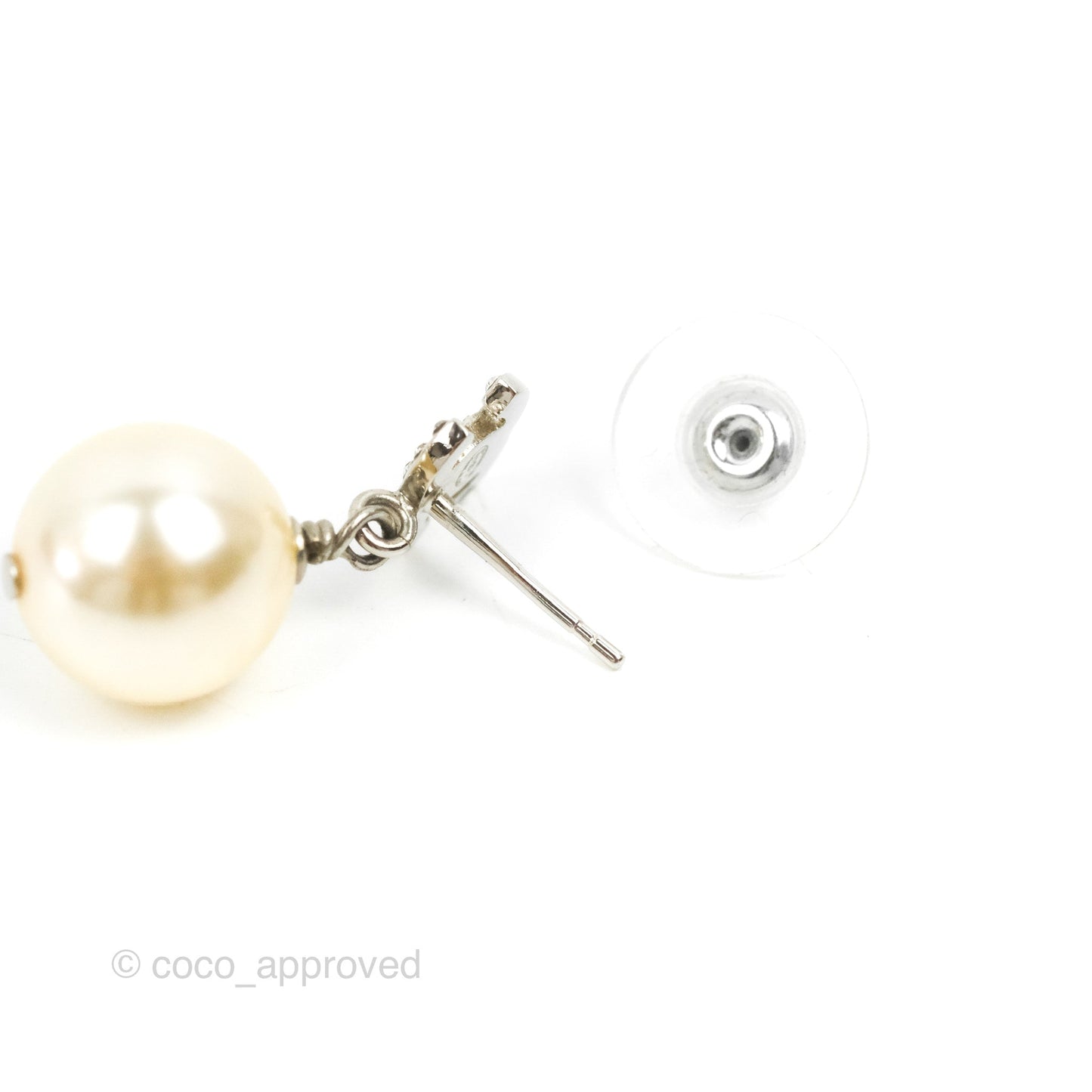 Chanel CC Rhinestone Pearl Drop Earrings Silver Tone