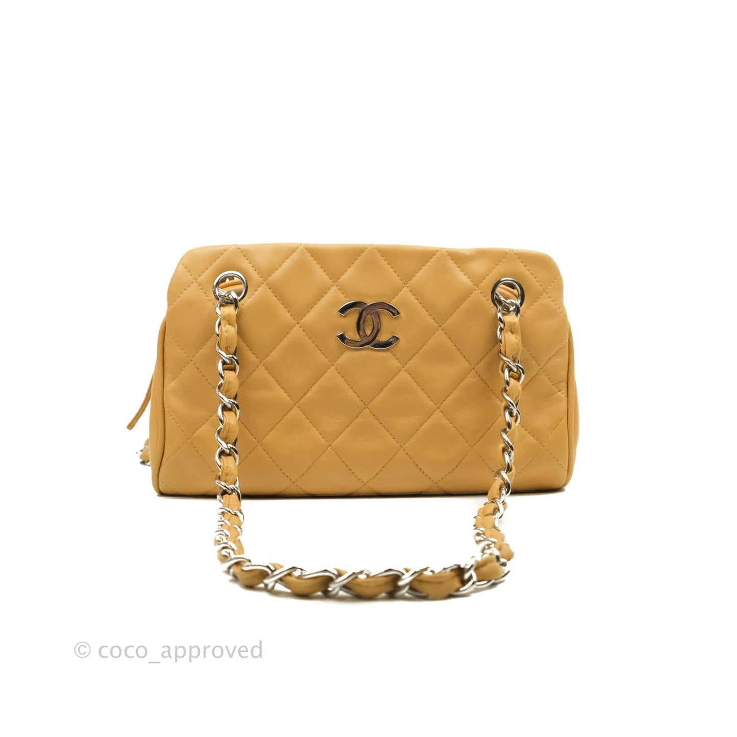 Chanel Quilted Bowling Bag Beige Lambskin Silver Hardware