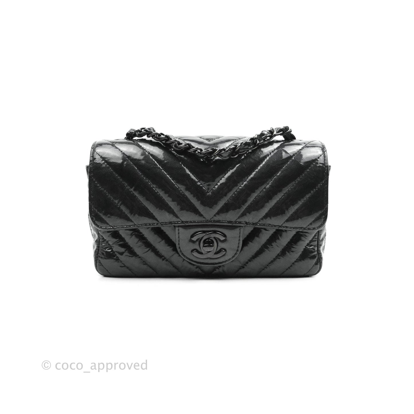 Chanel Chevron Mini Rectangular Flap Black Crumpled Patent So Black Hardware
