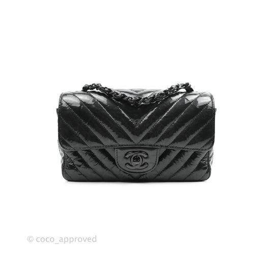 Chanel Chevron Mini Rectangular Flap Black Crumpled Patent So Black Hardware