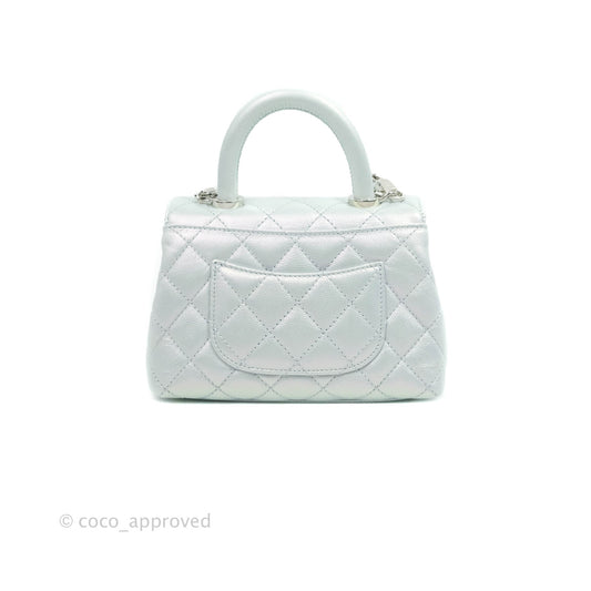 Chanel Mini Coco Handle Quilted Iridescent Light Blue Caviar Rainbow Hardware