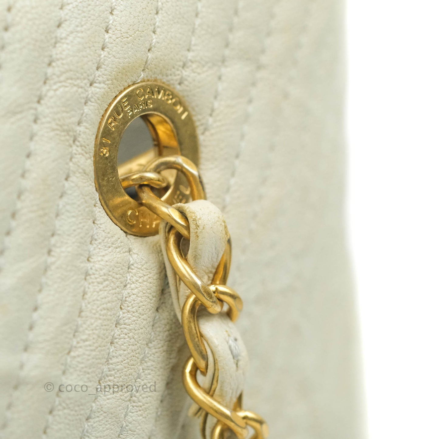 Chanel Chevron Surpique Tote White Crumpled Calfskin Aged Gold Hardware