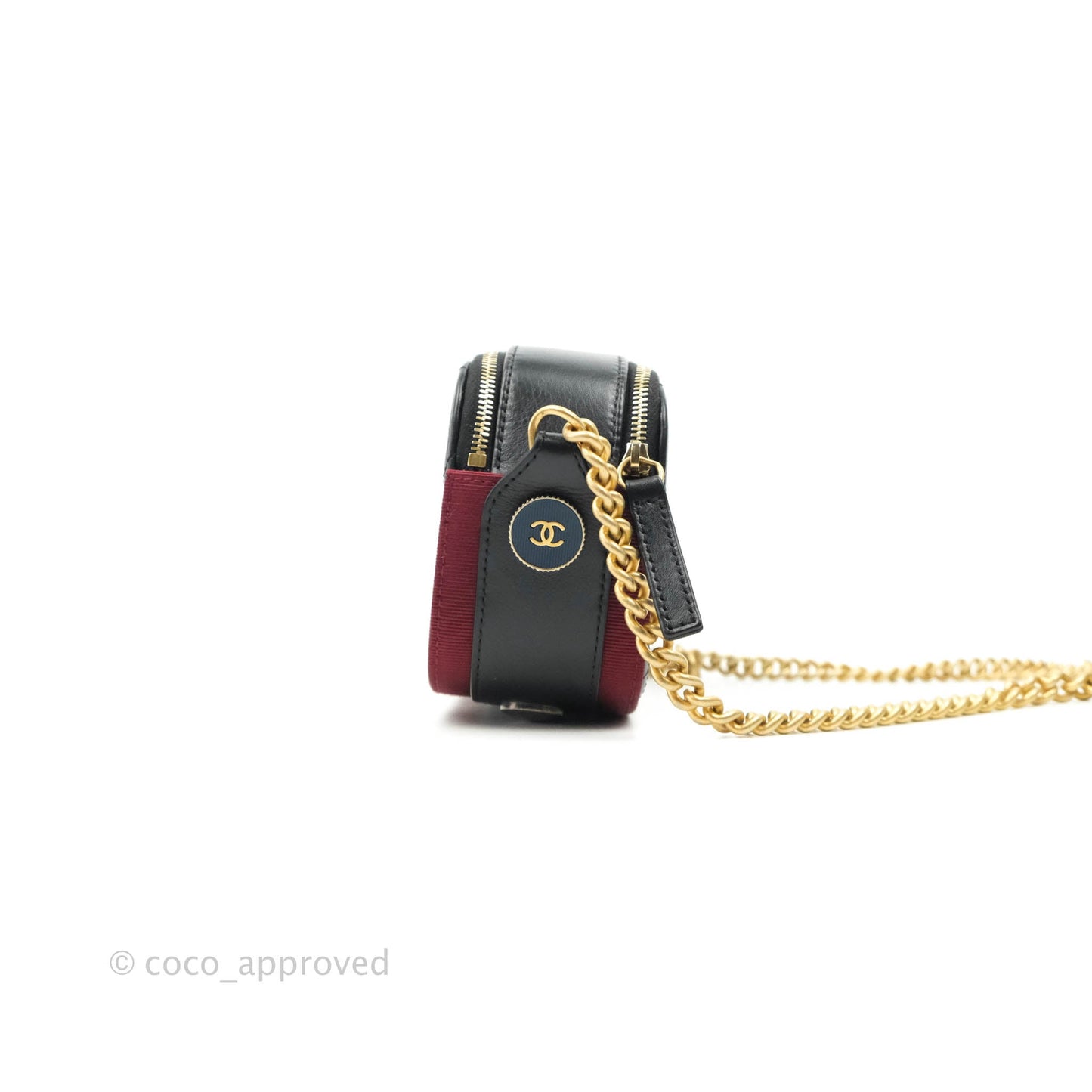 Chanel Small Button Up Camera Case Bag Black Calfskin Grosgrain Aged Gold Hardware