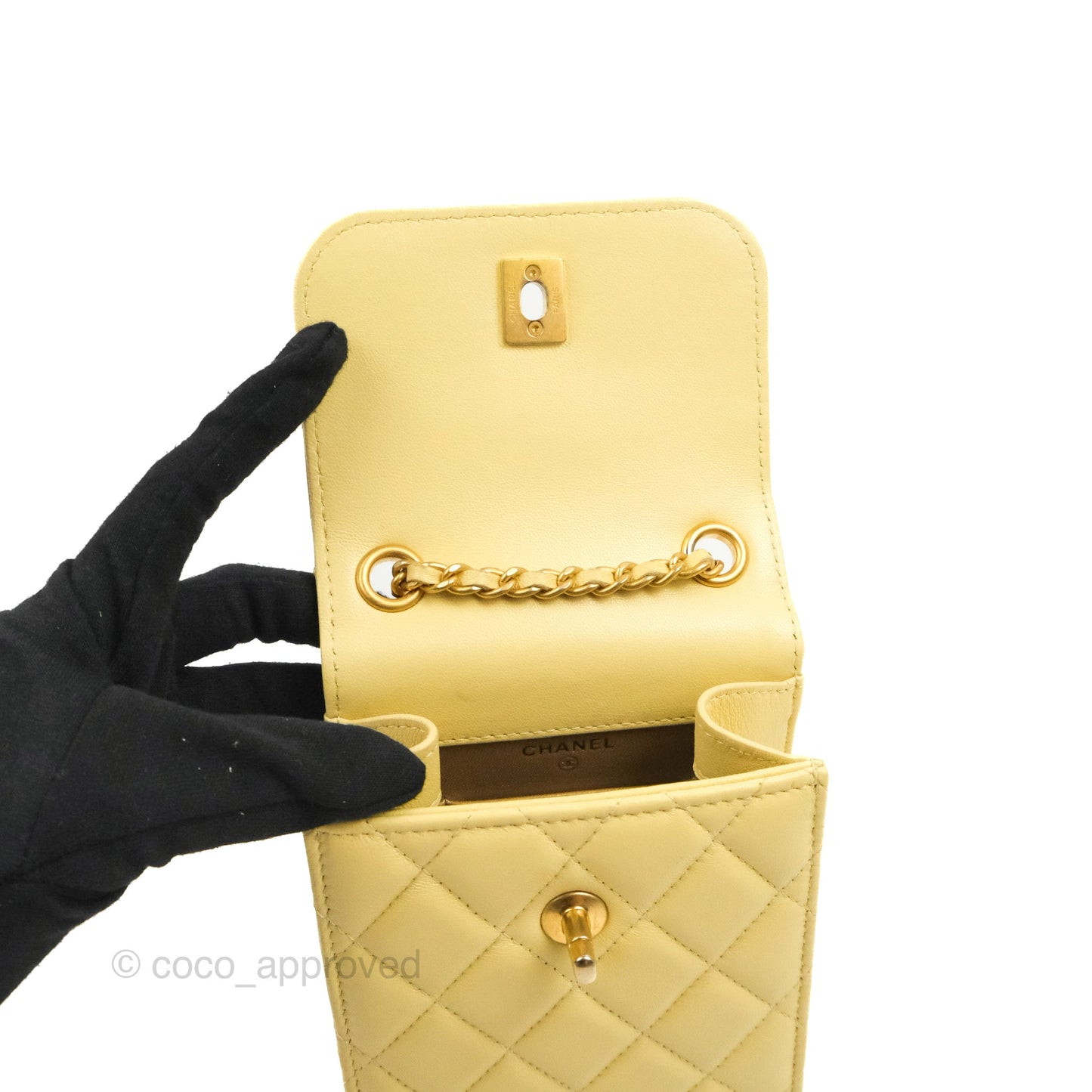 Chanel Quilted Pearl Crush Phone Holder With Chain Yellow Lambskin