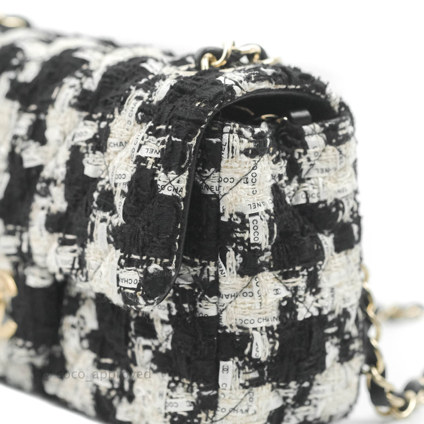 Chanel Quilted Mini Rectangular Flap Tweed Houndstooth Black & White Gold Hardware