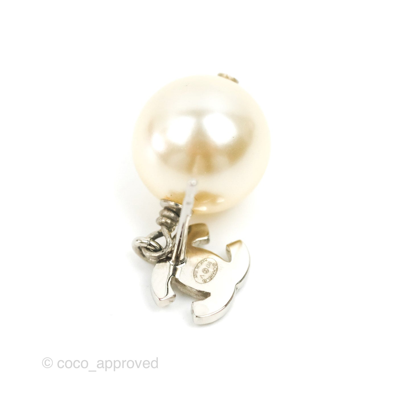 Chanel CC Rhinestone Pearl Drop Earrings Silver Tone