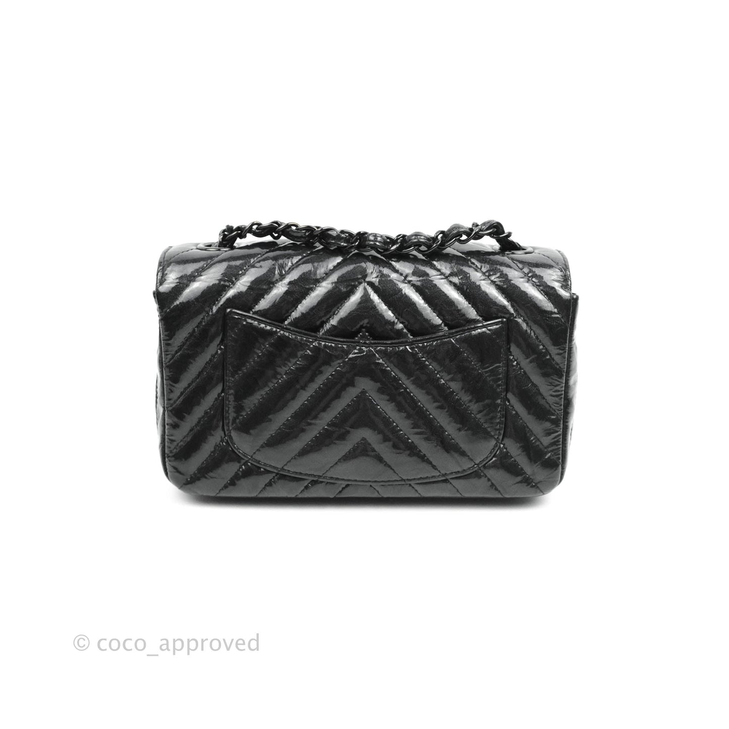 Chanel Chevron Mini Rectangular Flap Black Crumpled Patent So Black Hardware