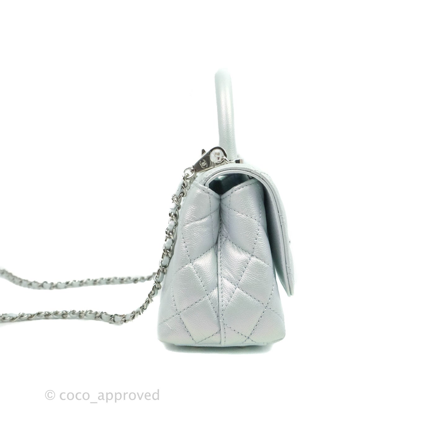 Chanel Mini Coco Handle Quilted Iridescent Light Blue Caviar Rainbow Hardware