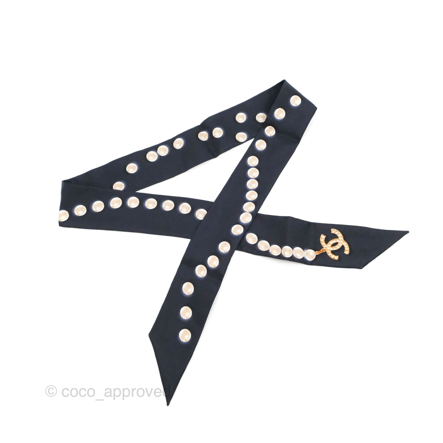 Chanel CC Pearl Print Silk Twilly Black