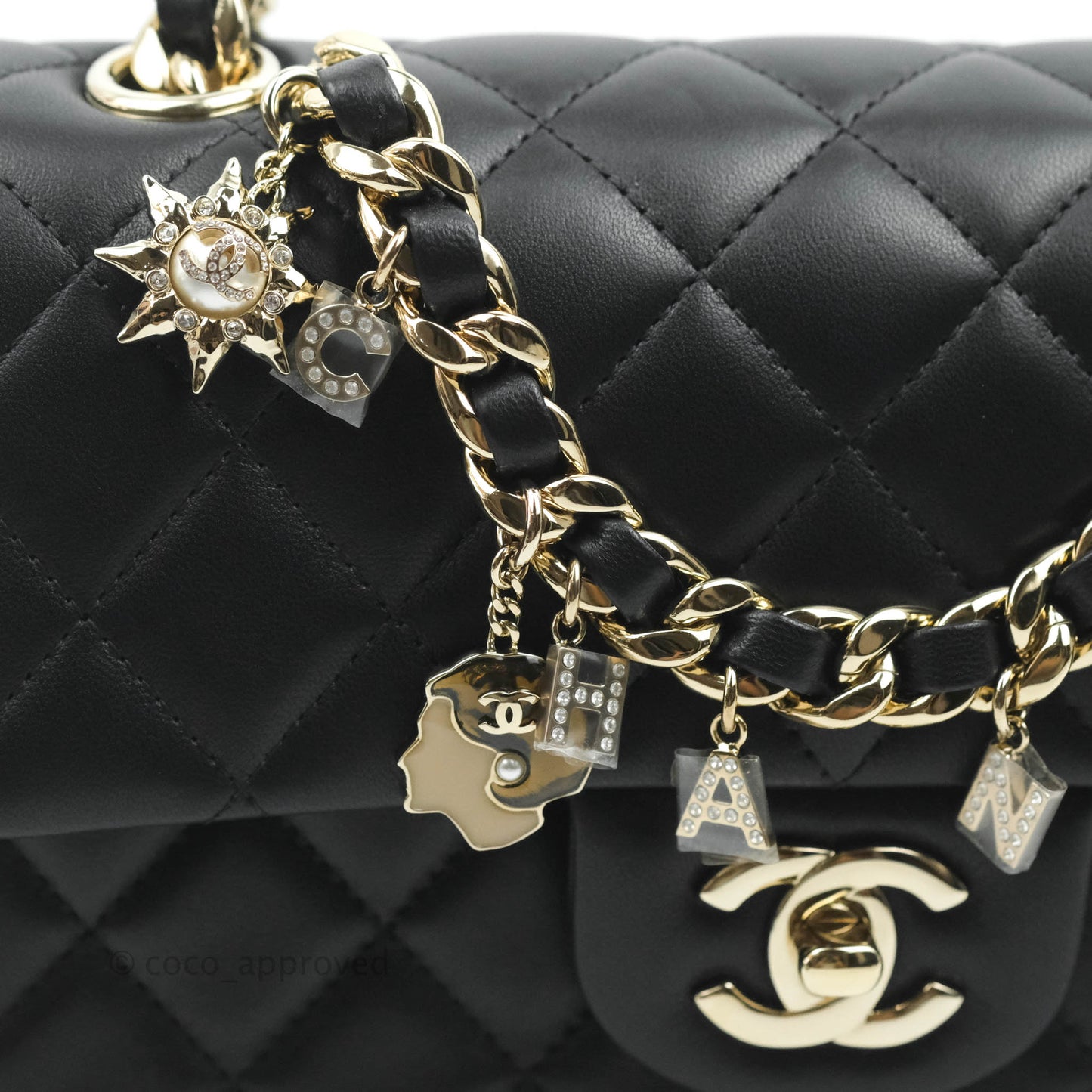 Chanel Quilted Mini Rectangular Lambskin Black Flap With Charms Gold Hardware 21C