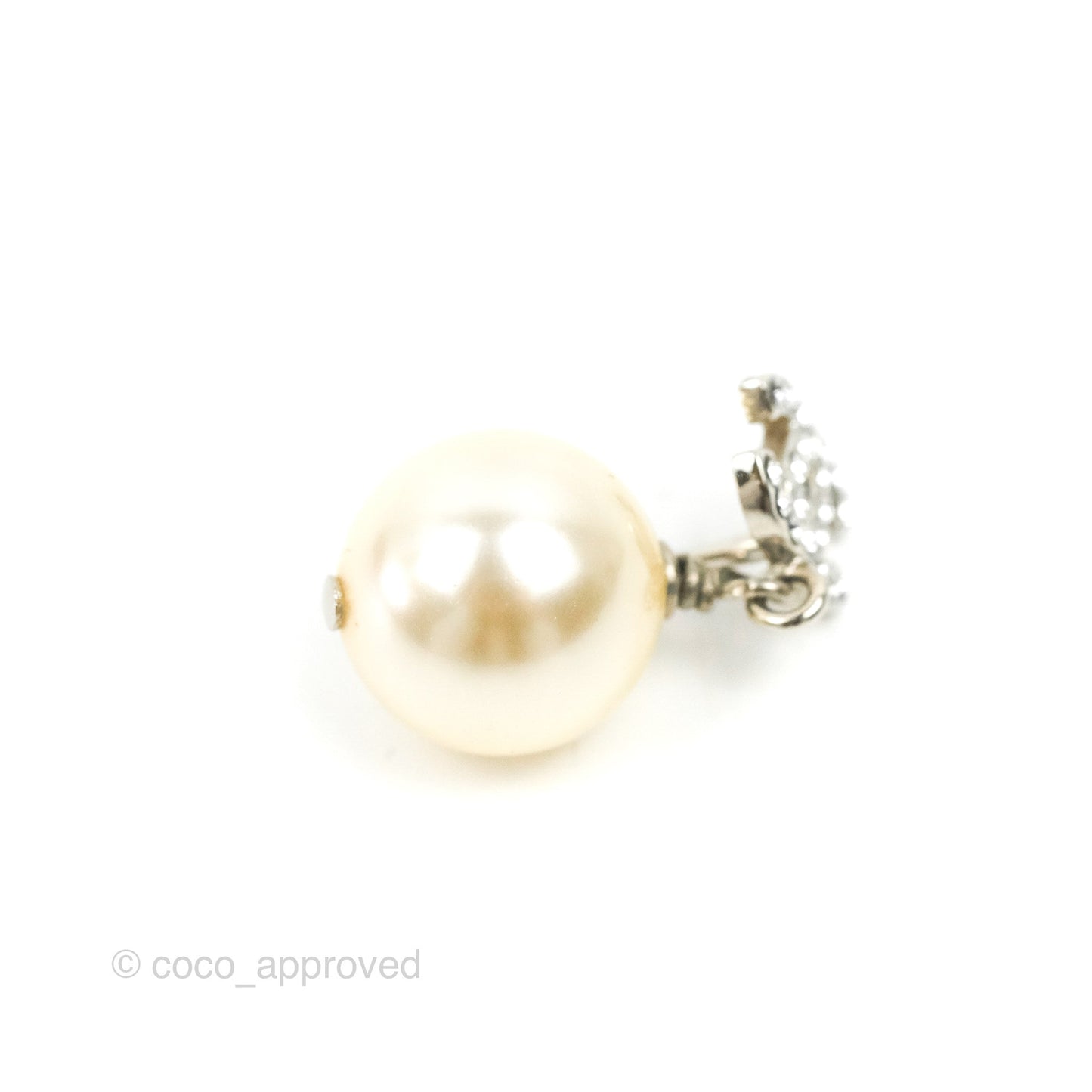 Chanel CC Rhinestone Pearl Drop Earrings Silver Tone