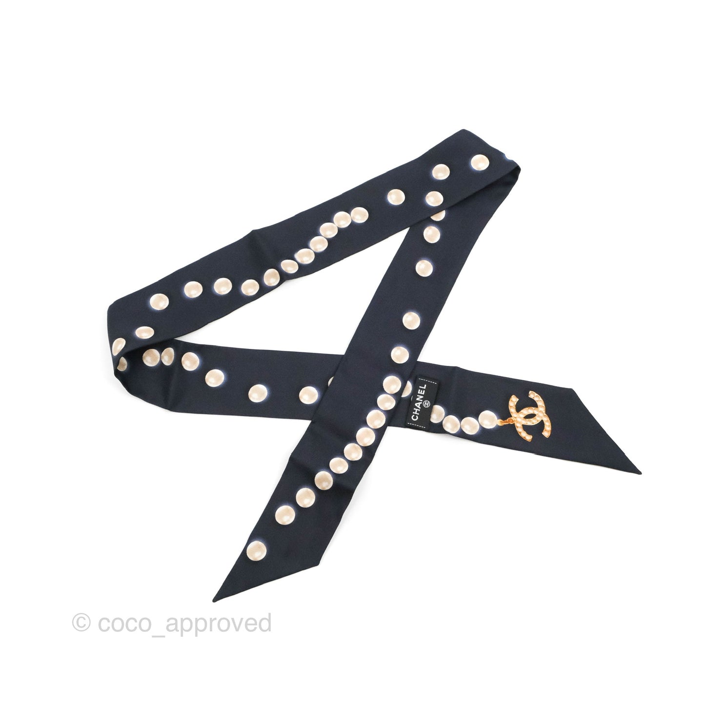Chanel CC Pearl Print Silk Twilly Black