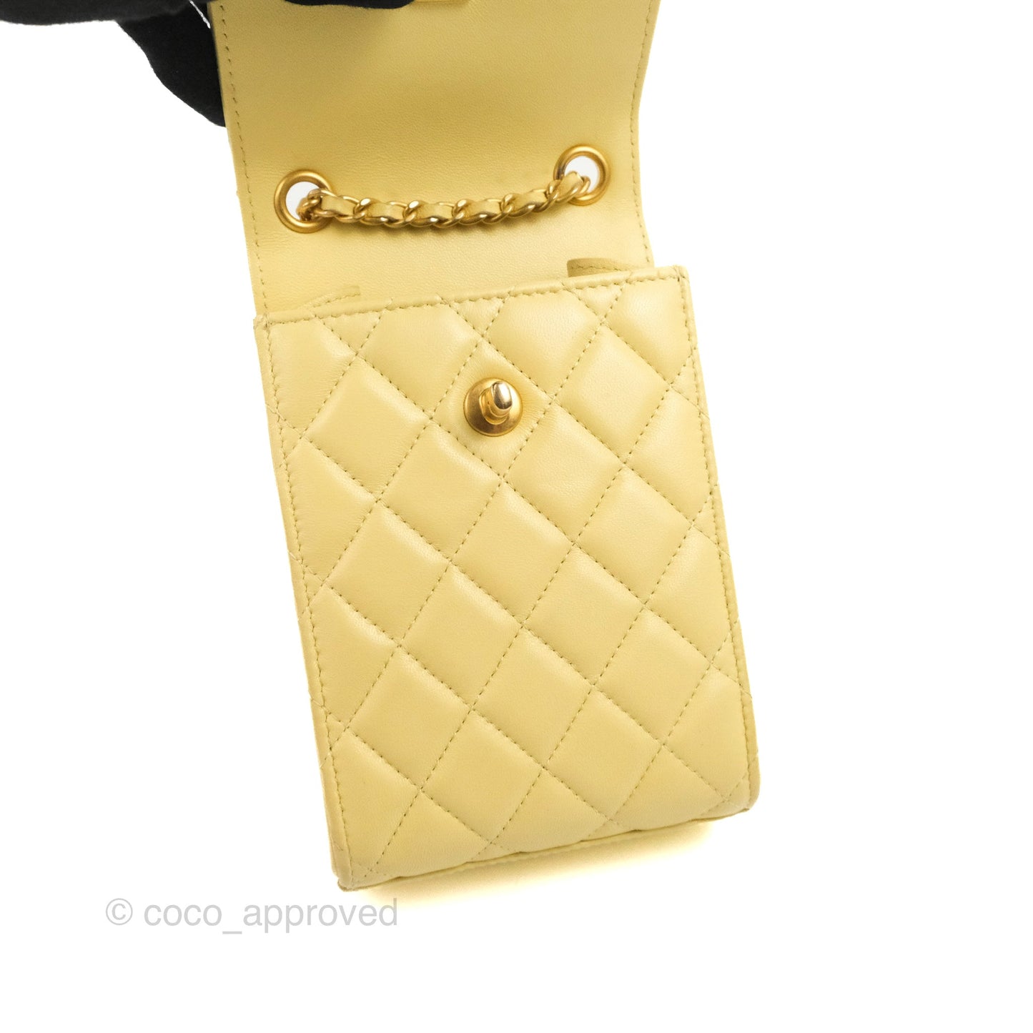 Chanel Quilted Pearl Crush Phone Holder With Chain Yellow Lambskin