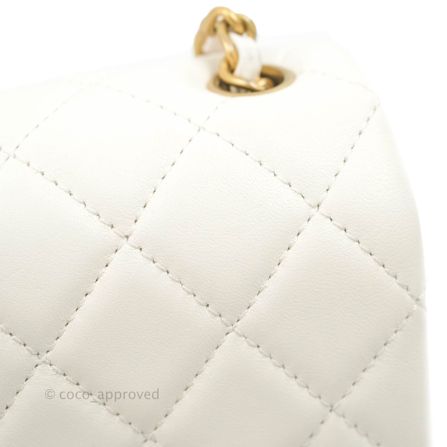 Chanel Mini Rectangular Pearl Crush Quilted White Lambskin Aged Gold Hardware