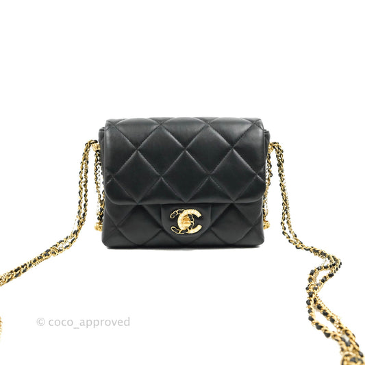 Chanel Mini Flap Bag With Pearl And Woven Chain CC Logo Black Lambskin Aged Gold Hardware 21B