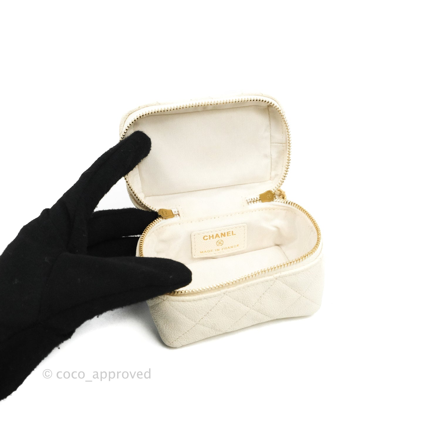 Chanel Mini Clutch With Chain White Caviar Aged Gold Hardware