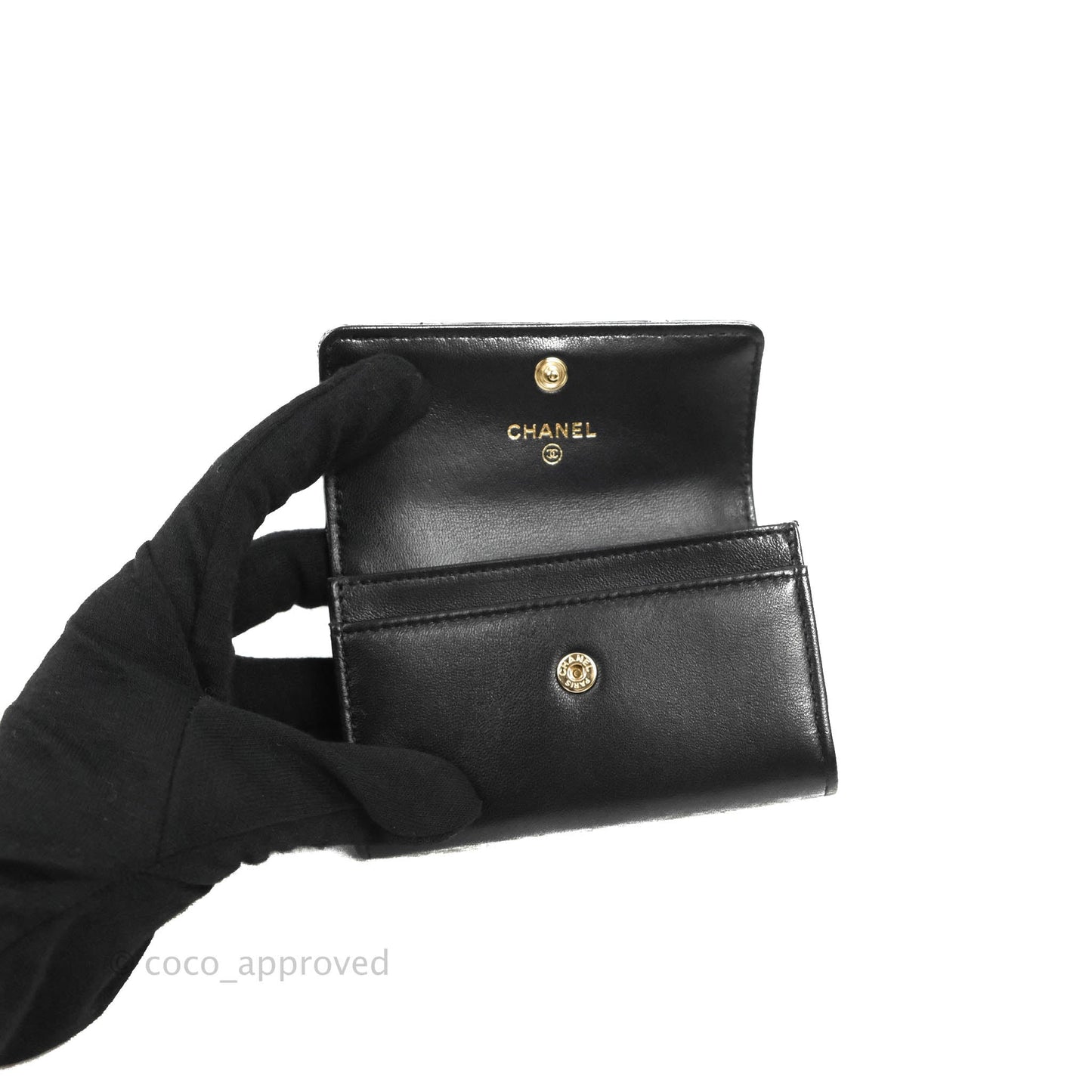 Chanel Quilted Flap Card Holder Black Patent Lambskin Gold Hardware