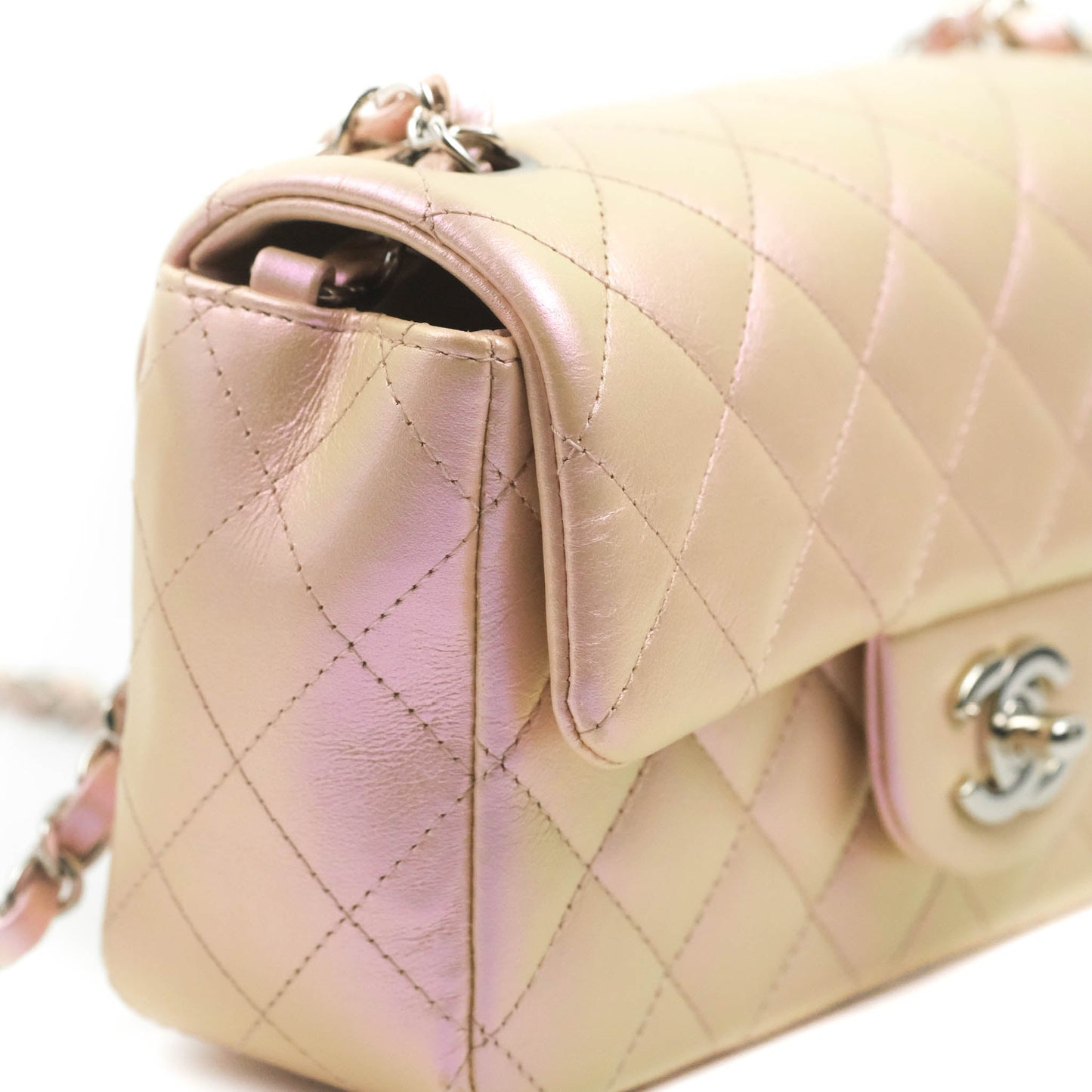 Chanel Quilted Mini Rectangular Flap Iridescent Pink Calfskin Silver Hardware