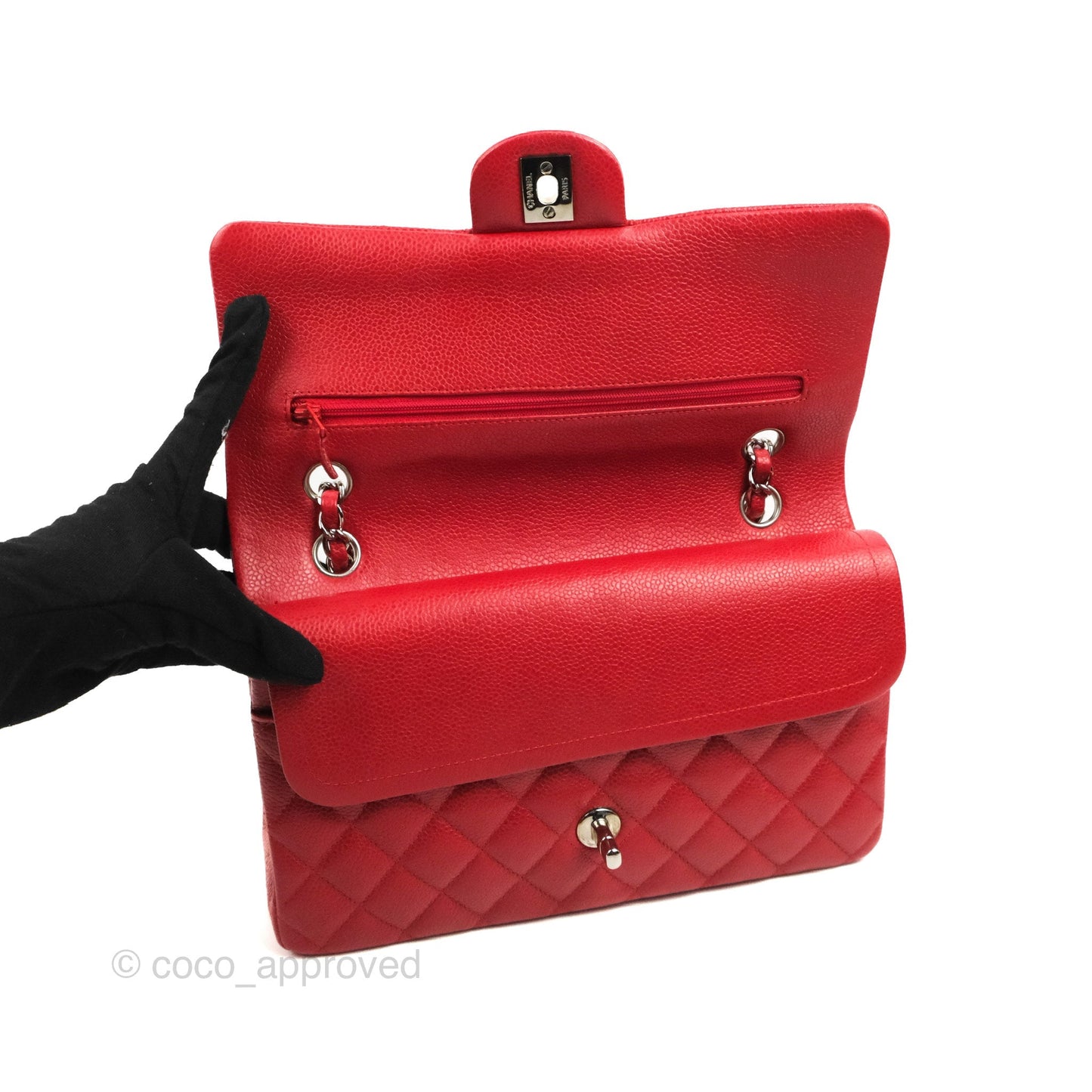 Chanel Classic M/L Medium Flap Quilted Red Caviar Silver Hardware