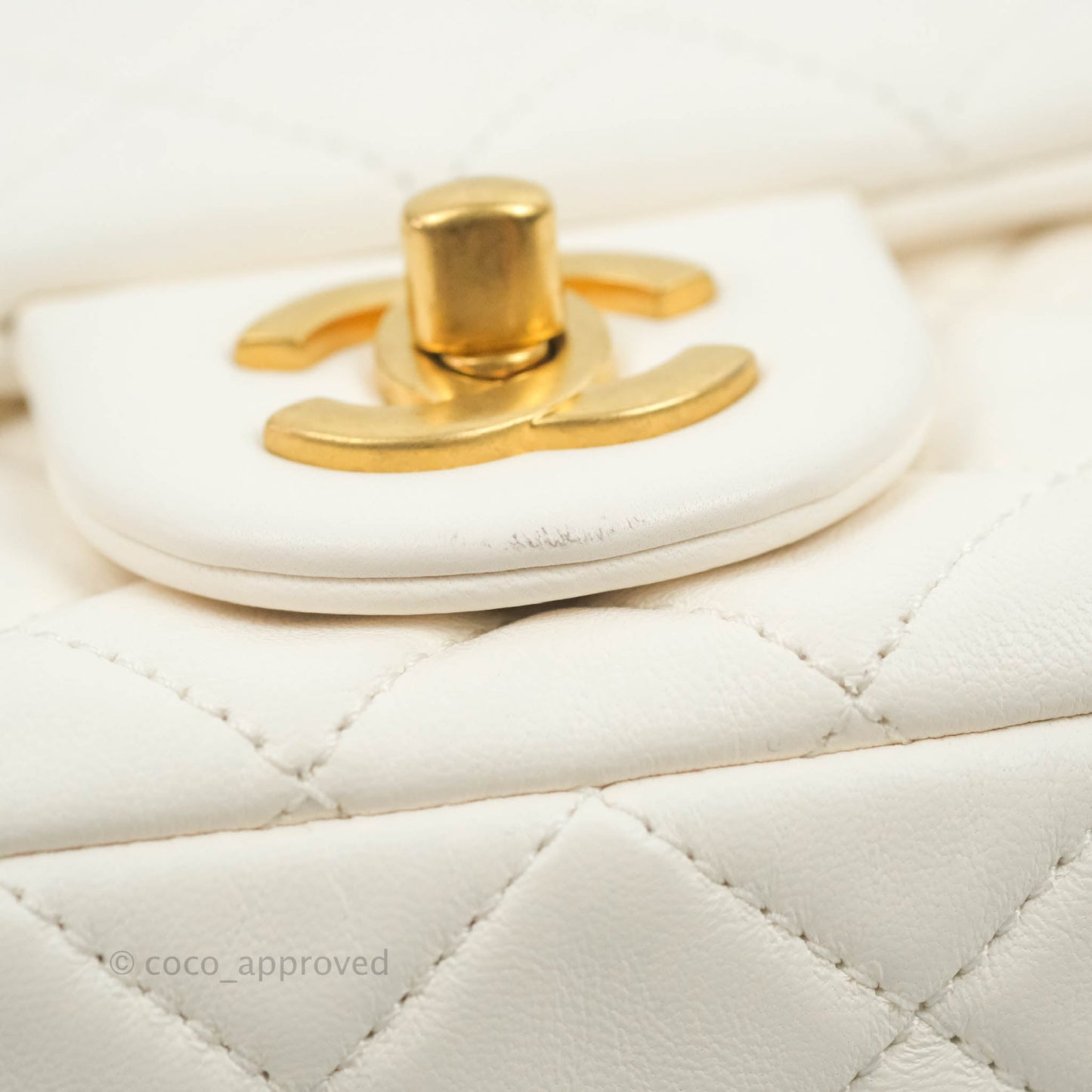 Chanel Mini Rectangular Pearl Crush Quilted White Lambskin Aged Gold Hardware