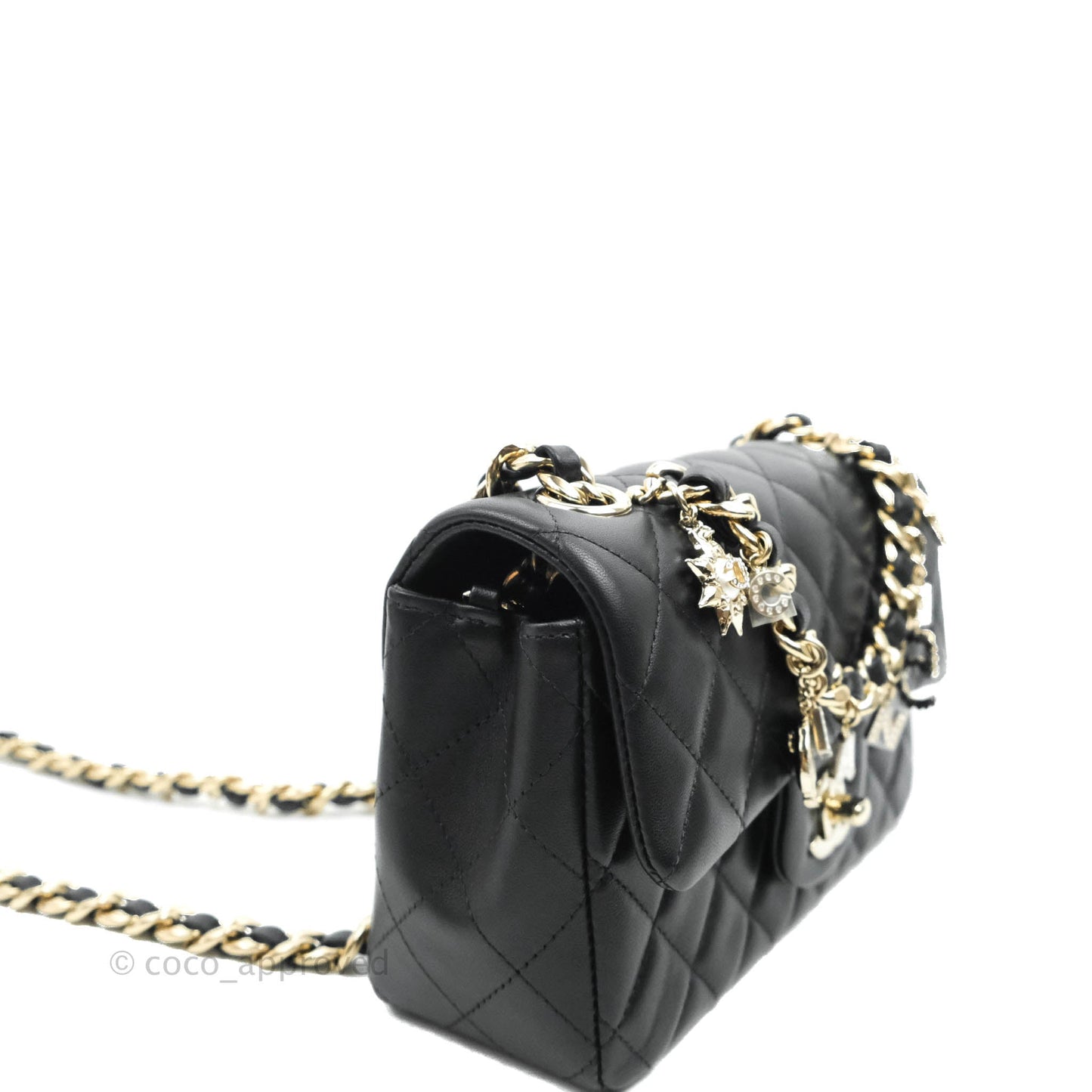 Chanel Quilted Mini Rectangular Lambskin Black Flap With Charms Gold Hardware 21C