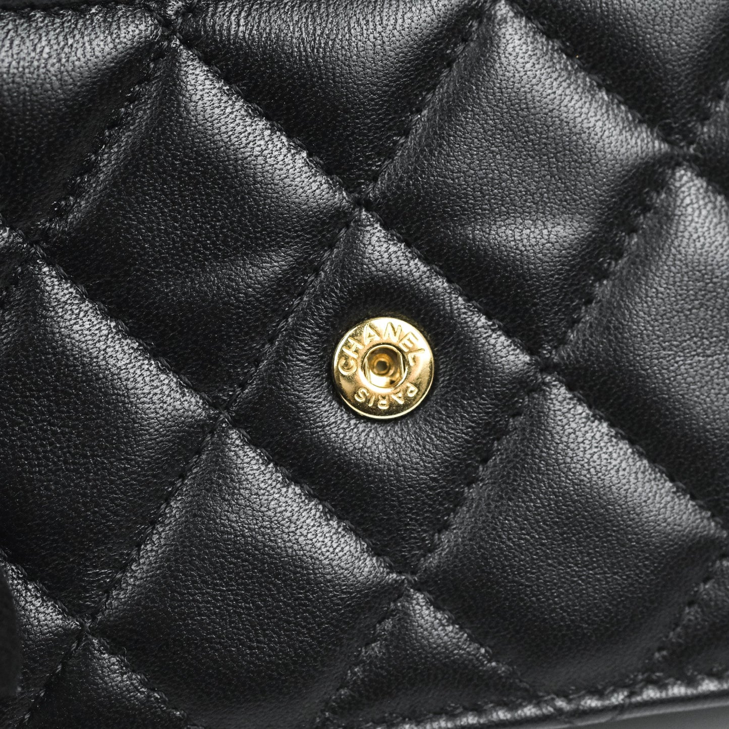 Chanel Mini Handle Flap Coin Purse With Chain Black Lambskin Gold Hardware
