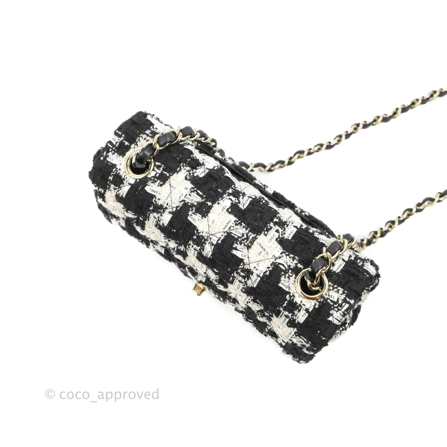 Chanel Quilted Mini Rectangular Flap Tweed Houndstooth Black & White Gold Hardware