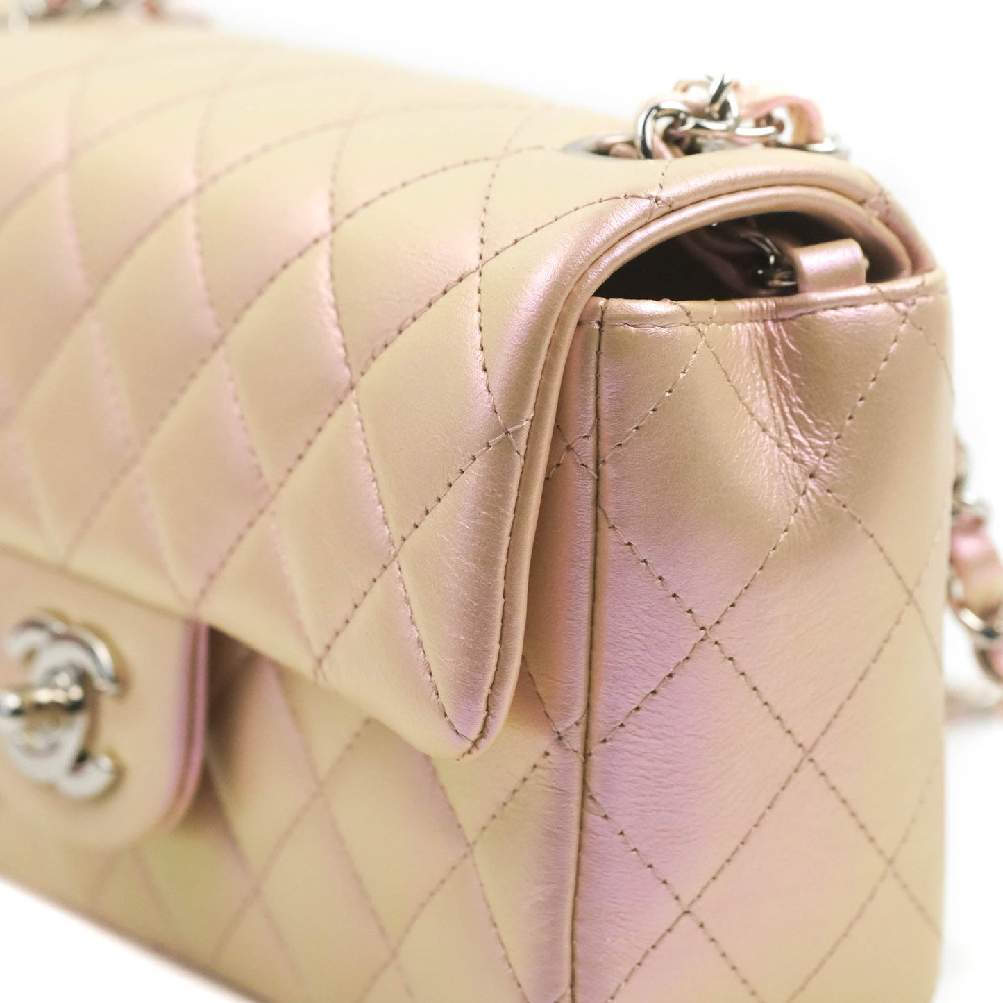 Chanel Quilted Mini Rectangular Flap Iridescent Pink Calfskin Silver Hardware
