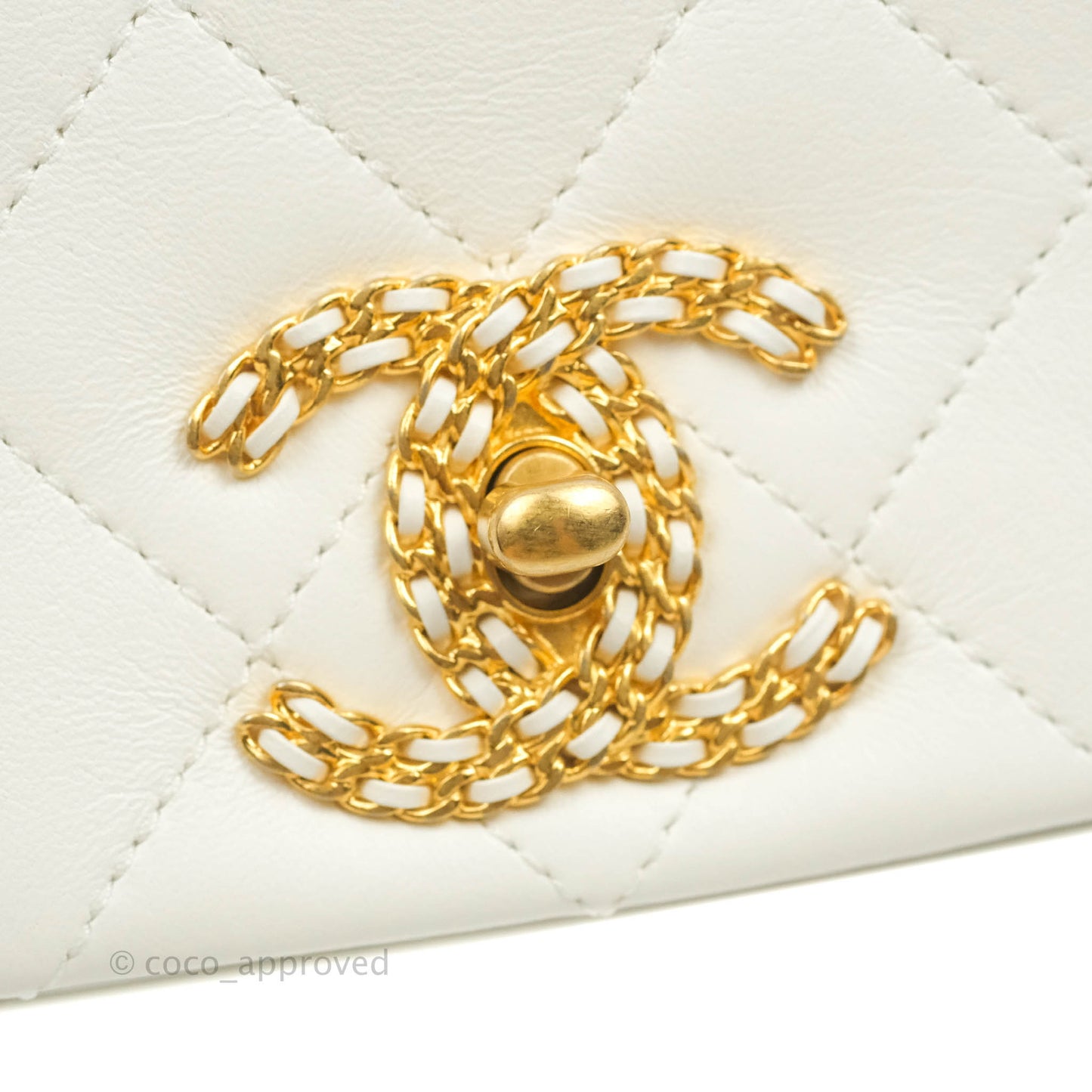 Chanel Large White Flap Bag With Woven CC Logo Lambskin Gold Hardware 22C