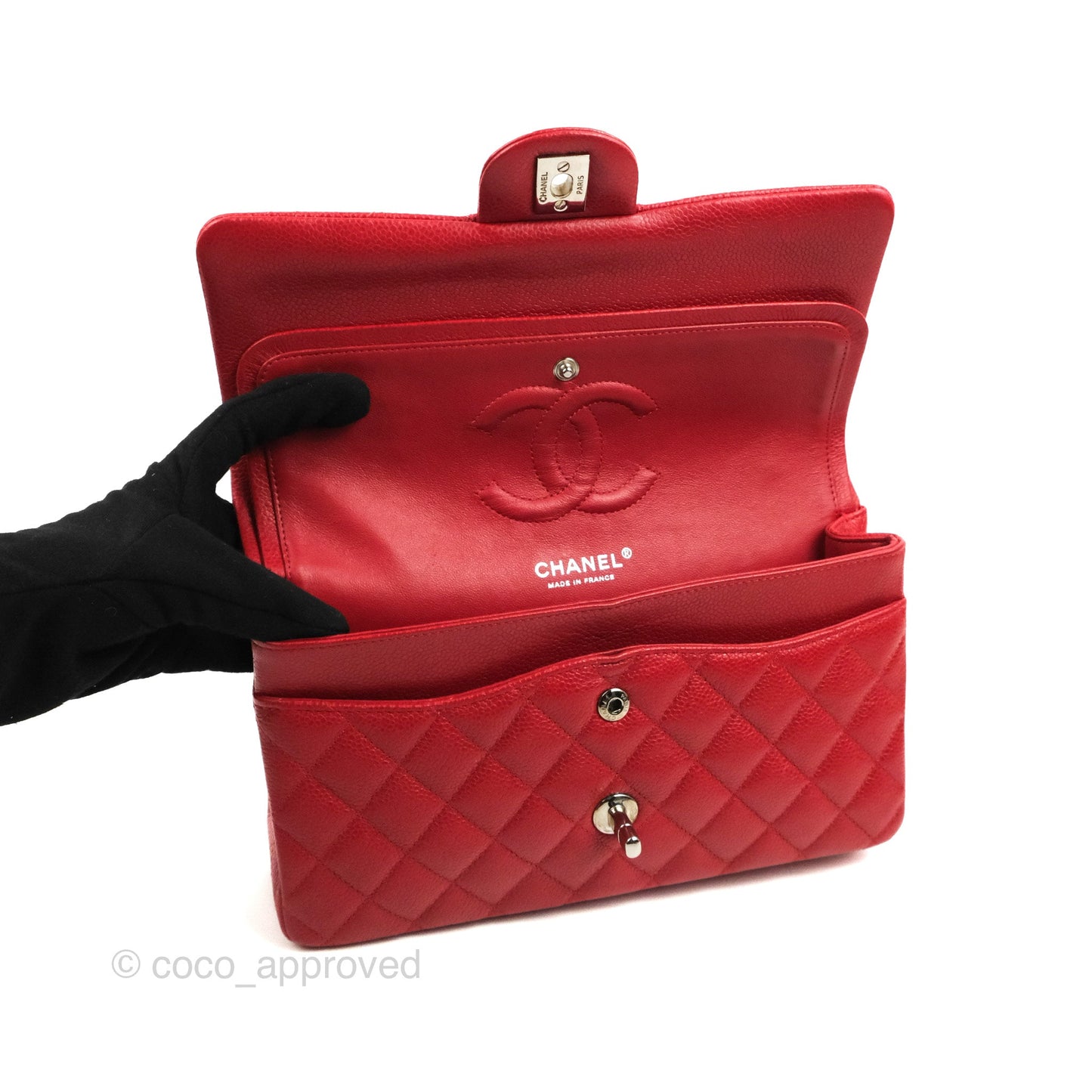 Chanel Classic M/L Medium Flap Quilted Red Caviar Silver Hardware