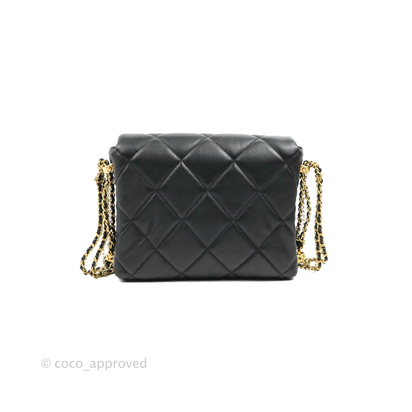 Chanel Mini Flap Bag With Pearl And Woven Chain CC Logo Black Lambskin Aged Gold Hardware 21B