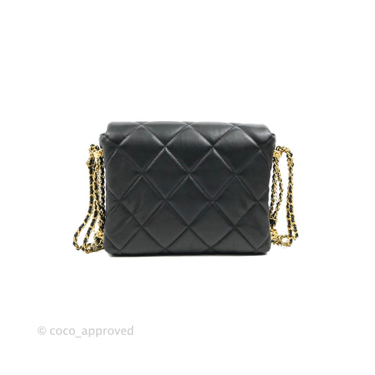 Chanel Mini Flap Bag With Pearl And Woven Chain CC Logo Black Lambskin Aged Gold Hardware 21B