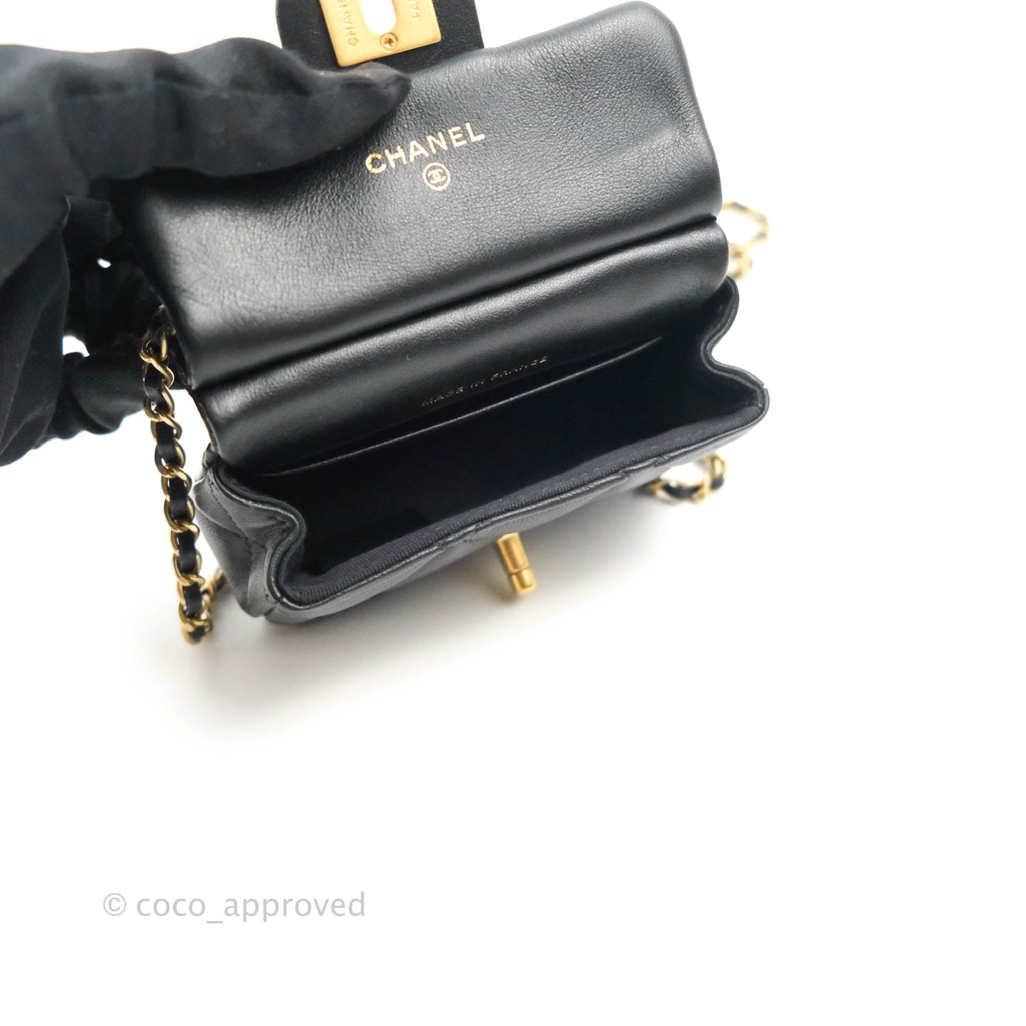 Chanel Quilted Lady Handle Flap Card Holder With Chain Black Calfskin Gold Hardware