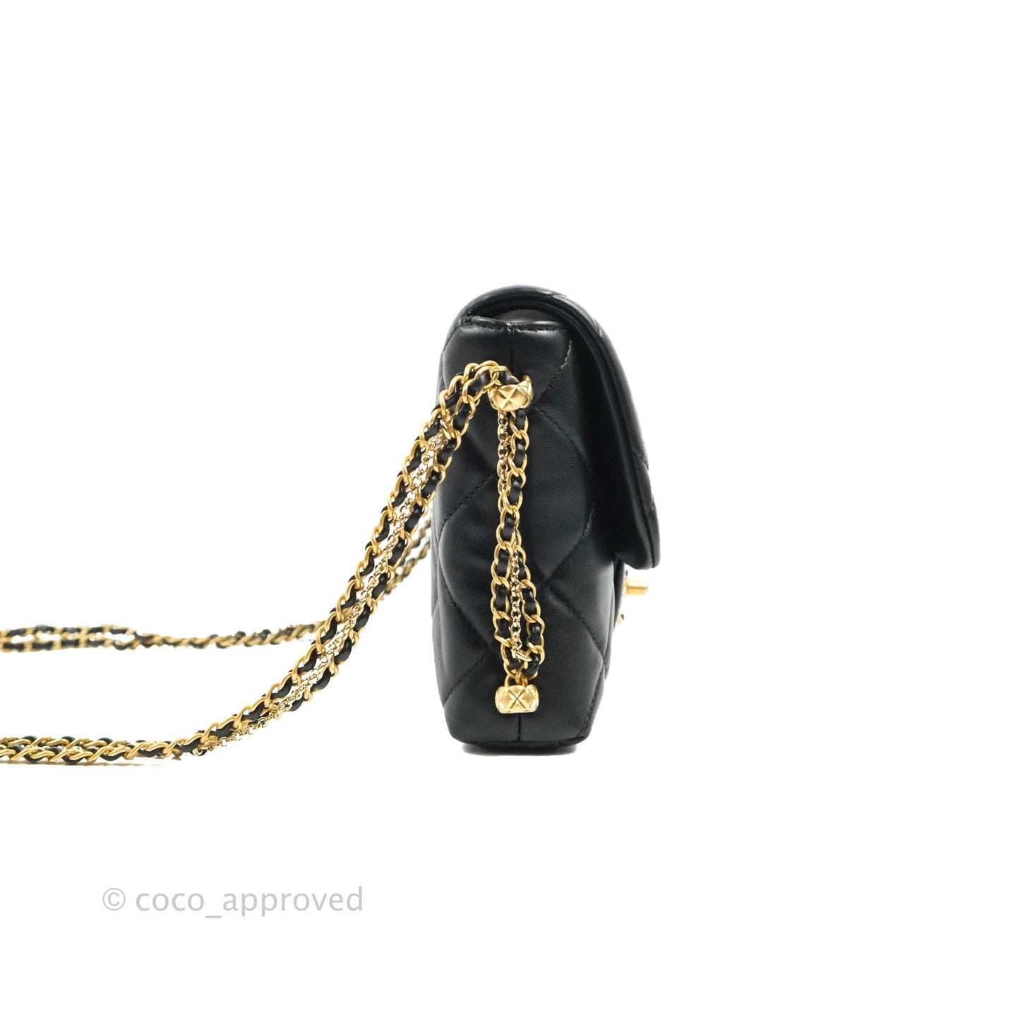 Chanel Mini Flap Bag With Pearl And Woven Chain CC Logo Black Lambskin Aged Gold Hardware 21B