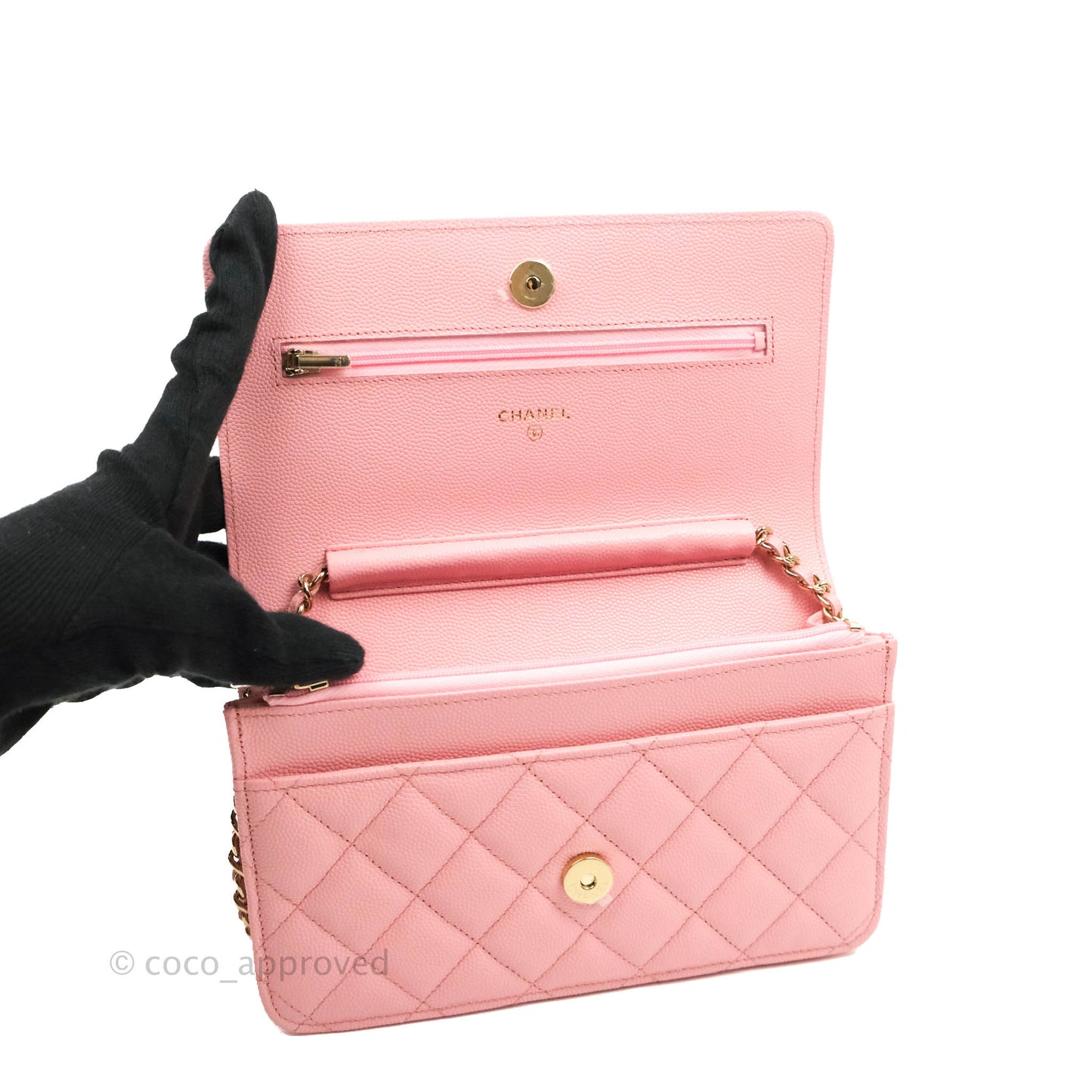 Chanel Quilted Wallet on Chain WOC Pink Caviar Gold Hardware 22S