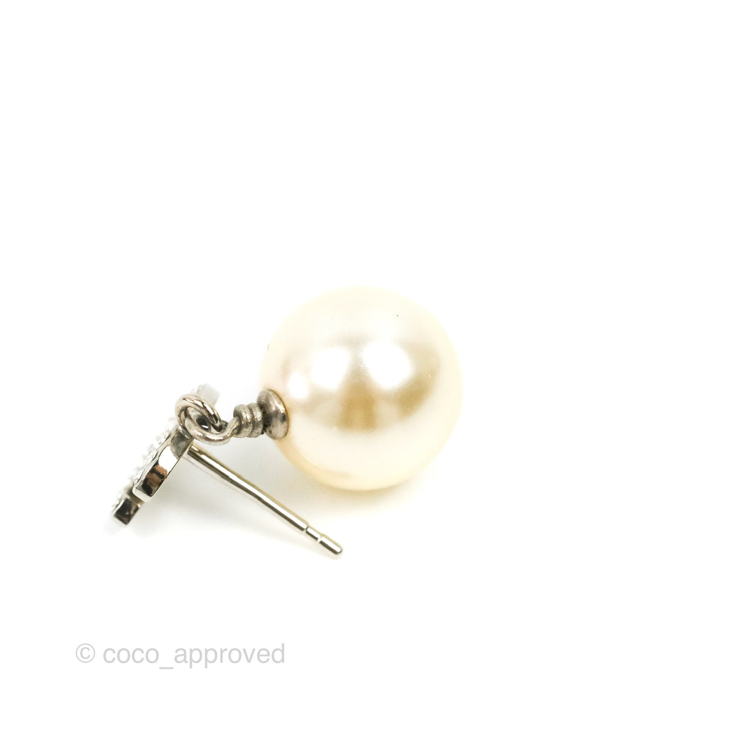Chanel CC Rhinestone Pearl Drop Earrings Silver Tone