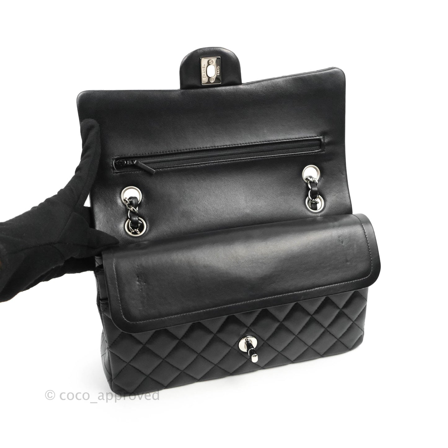 Chanel Classic M/L Medium Flap Quilted Black Lambskin Silver Hardware