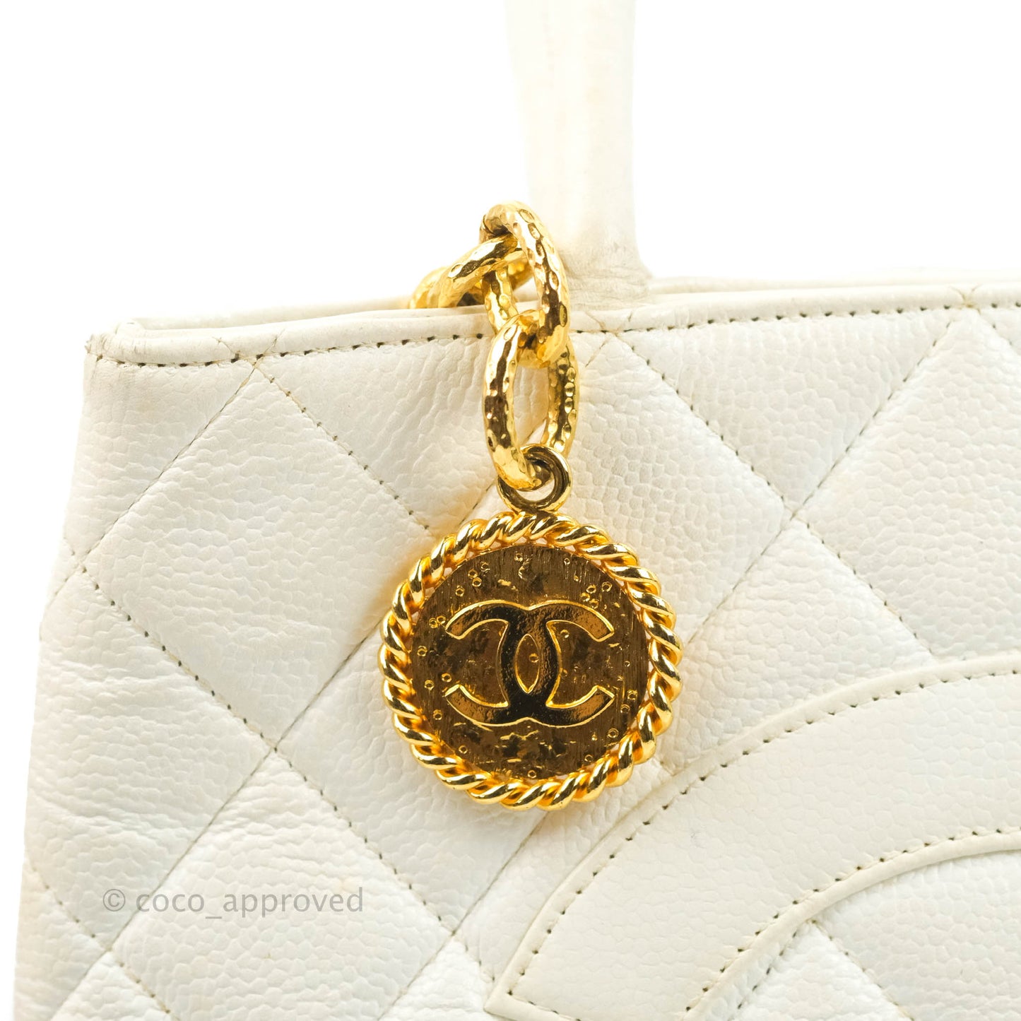 Chanel Vintage Medallion CC White Caviar Tote Bag Gold Hardware