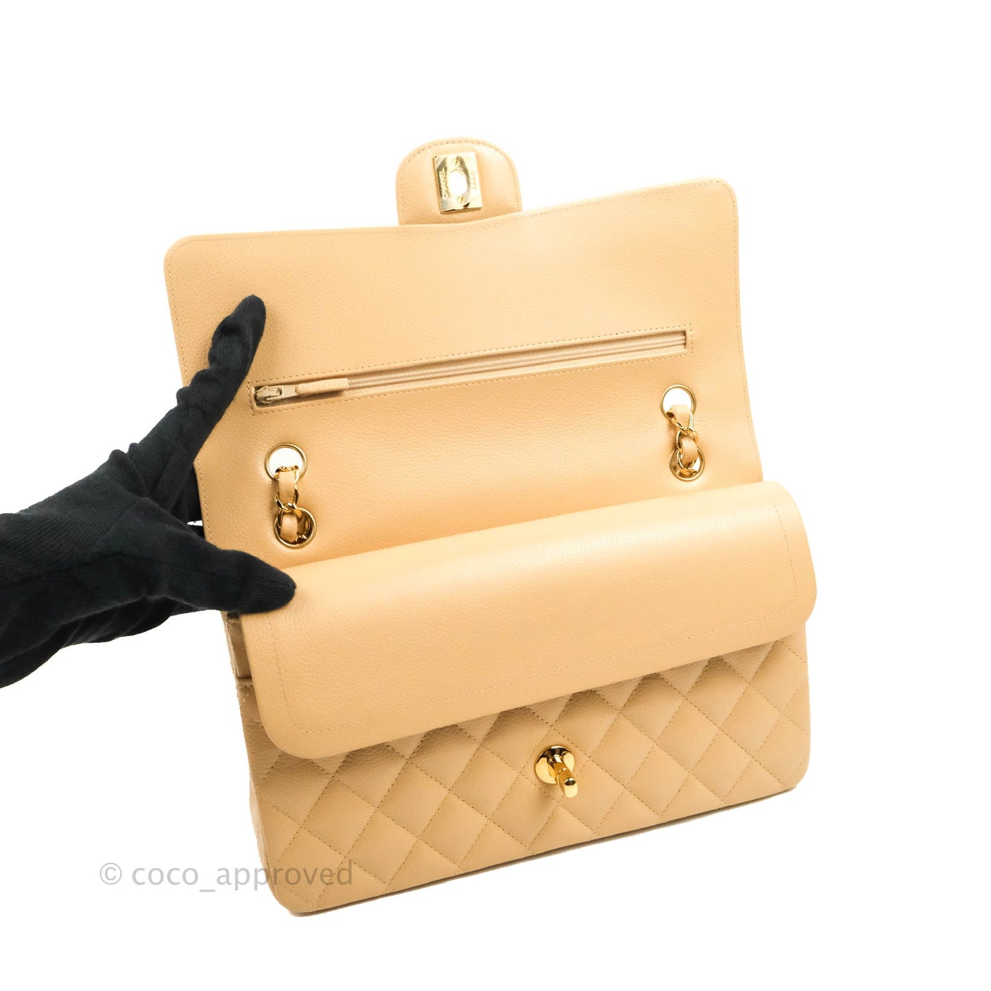 Chanel Classic M/L Medium Flap Quilted Beige Caviar Gold Hardware
