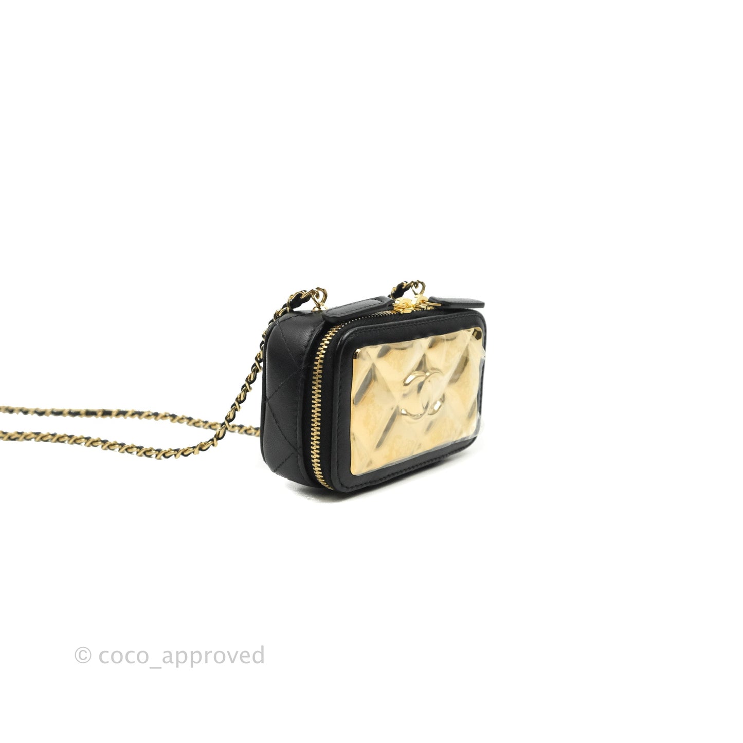 Chanel Quilted Mini Golden Plate Vanity Case With Chain Black Lambskin Gold Hardware