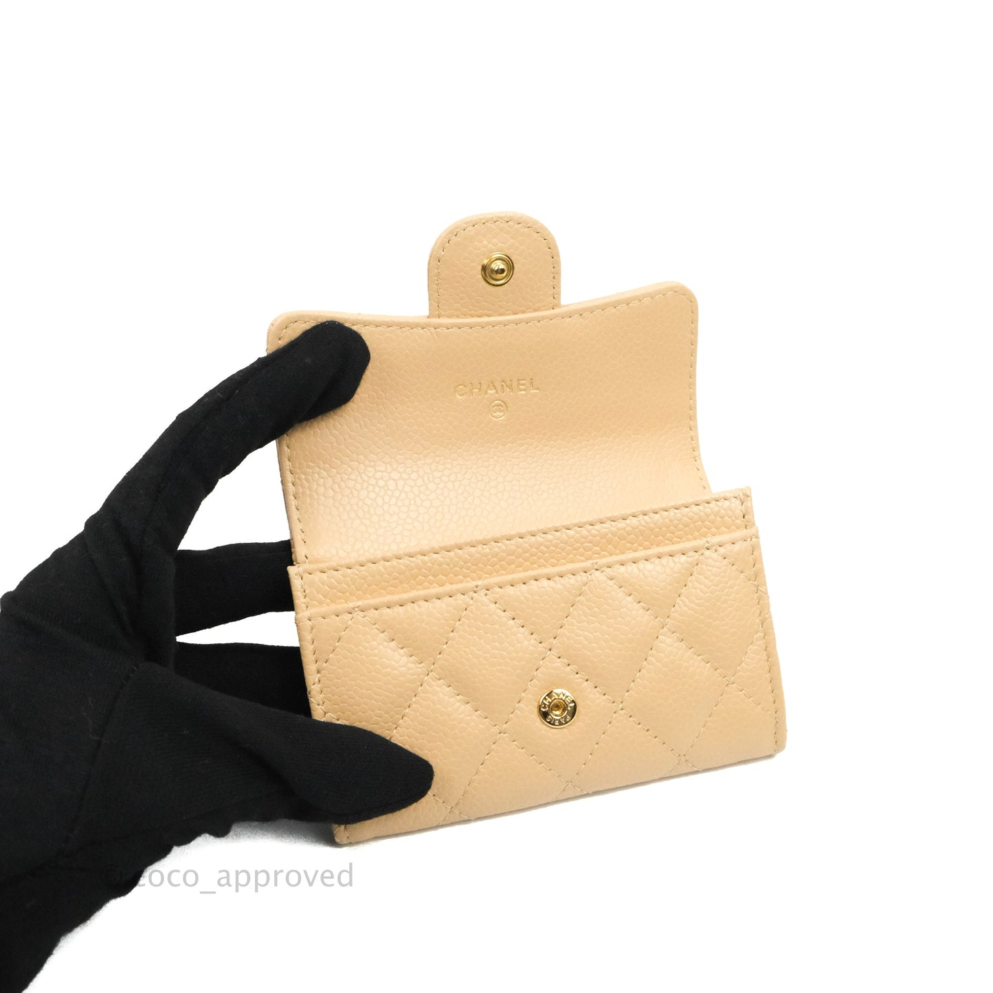 Chanel Quilted Flap Card Holder Beige Caviar Gold Hardware