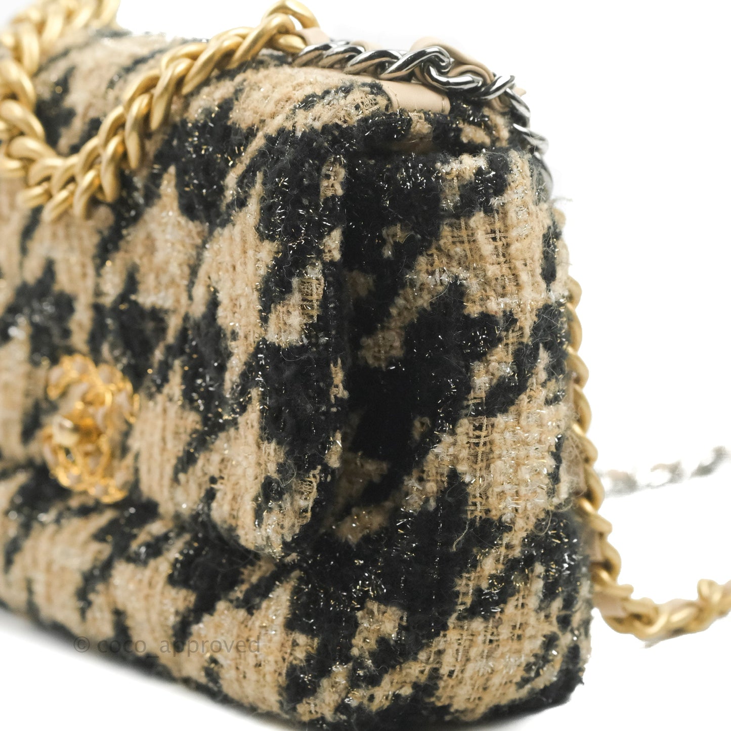 Chanel 19 Small Tweed Houndstooth Black Beige Mixed Hardware