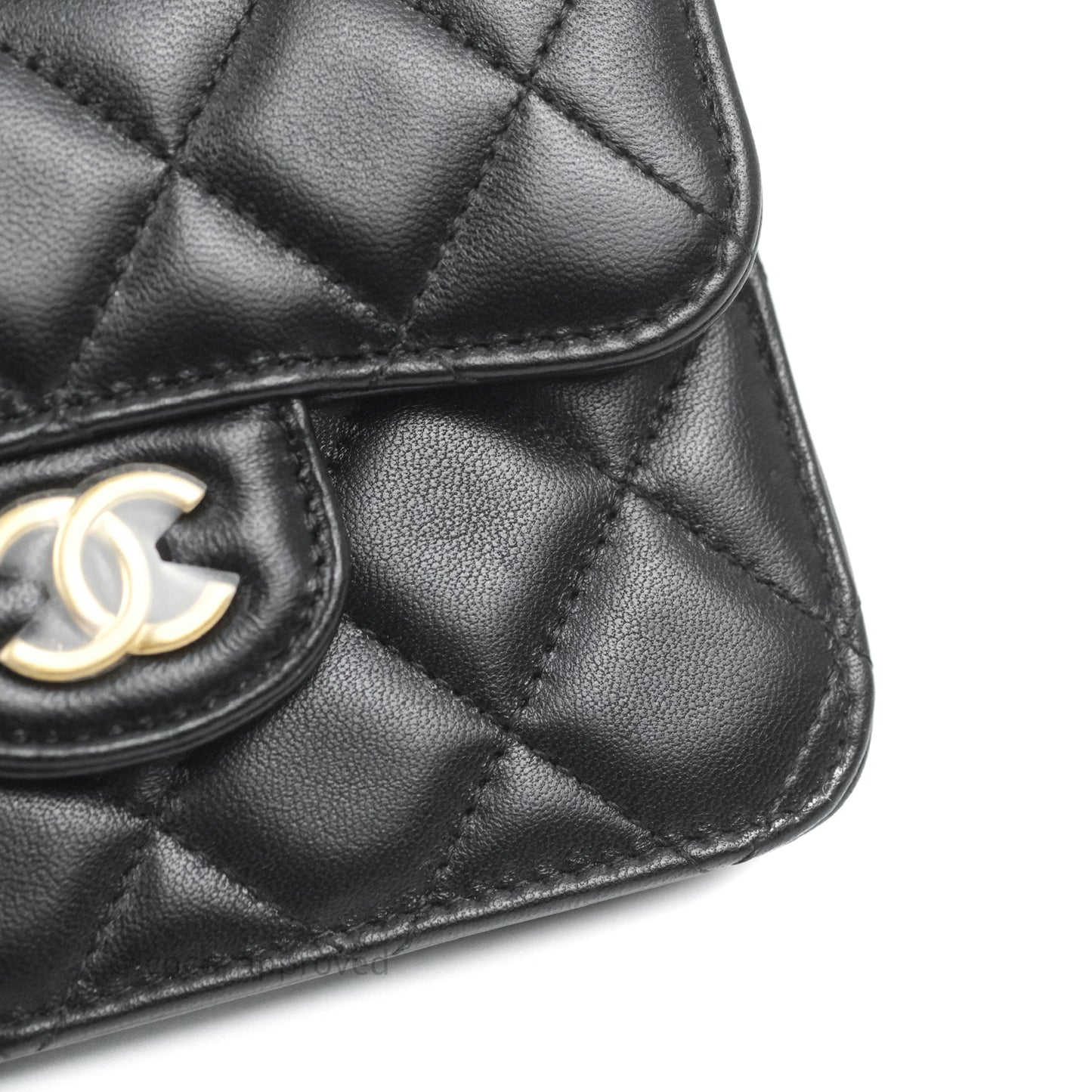 Chanel Mini Handle Flap Coin Purse With Chain Black Lambskin Gold Hardware