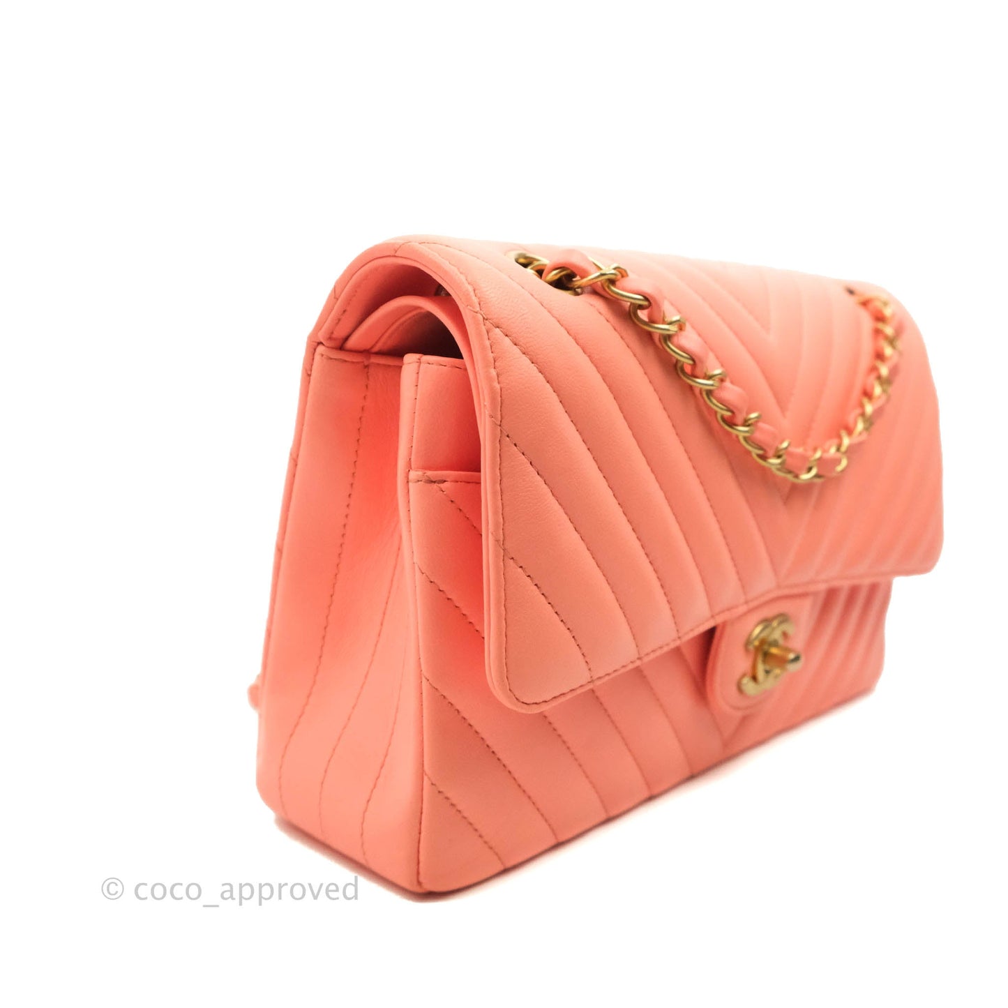 Chanel Classic M/L Medium Chevron Double Flap Coral Pink Lambskin Aged Gold Hardware