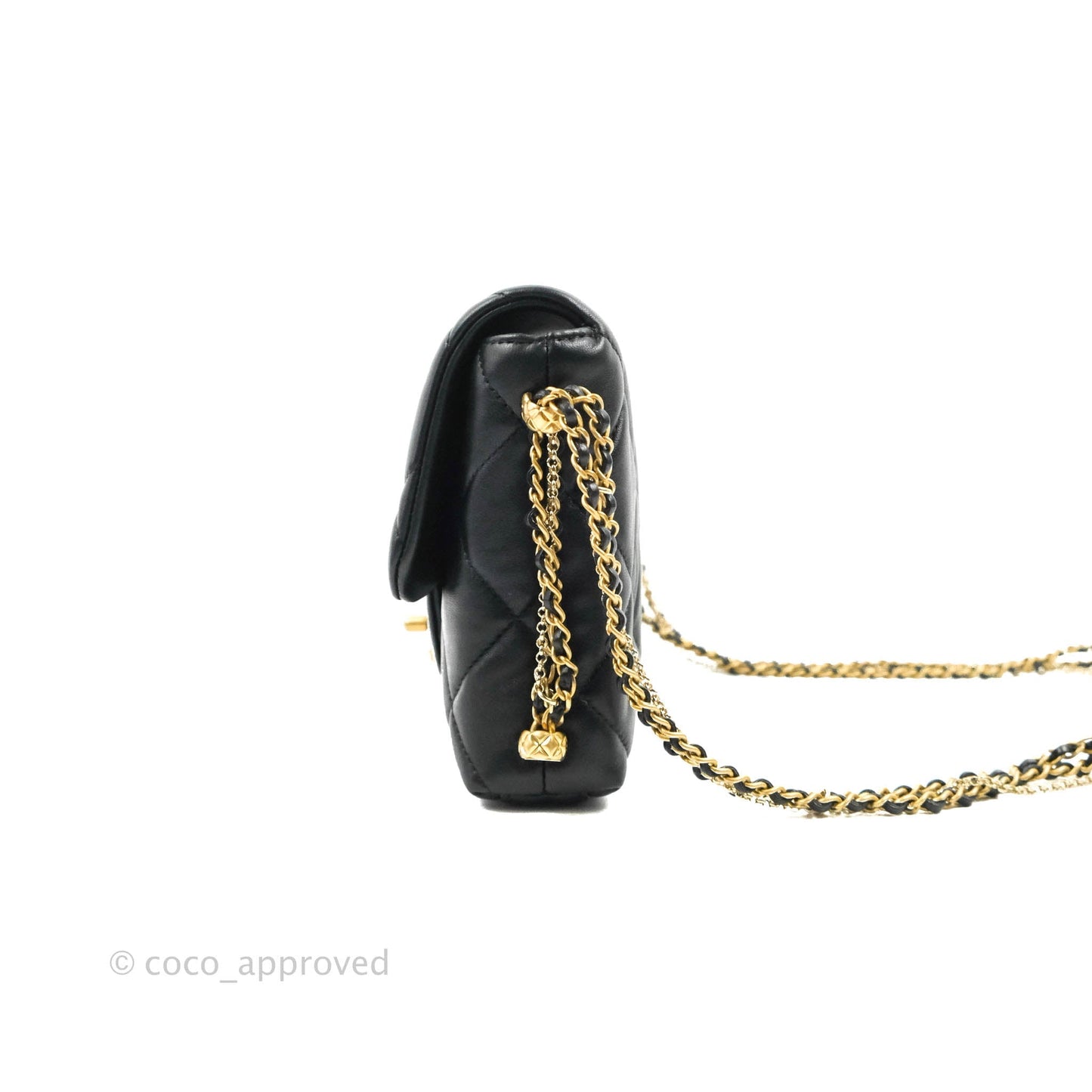 Chanel Mini Flap Bag With Pearl And Woven Chain CC Logo Black Lambskin Aged Gold Hardware 21B