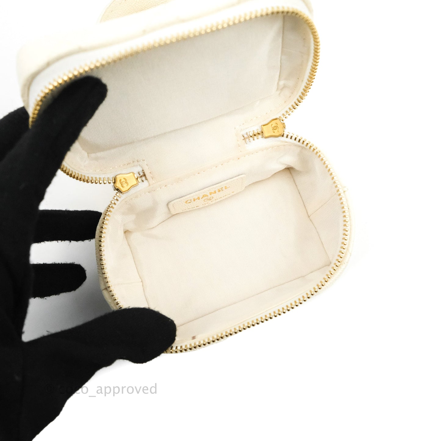 Chanel Mini Clutch With Chain White Caviar Aged Gold Hardware