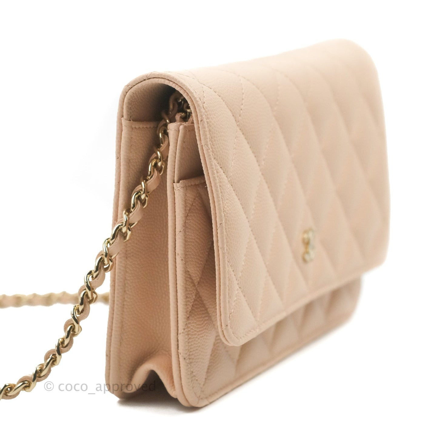 Chanel Quilted Classic Wallet on Chain WOC Light Beige Caviar Gold Hardware